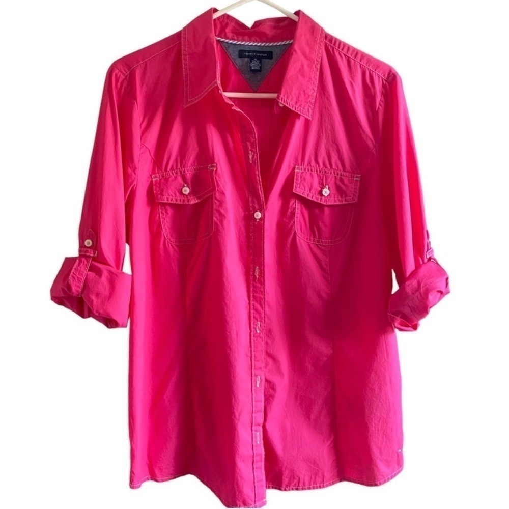 Tommy Hilfiger Roll Tab Button Down Woman's Top Barbie Pink Sz LG